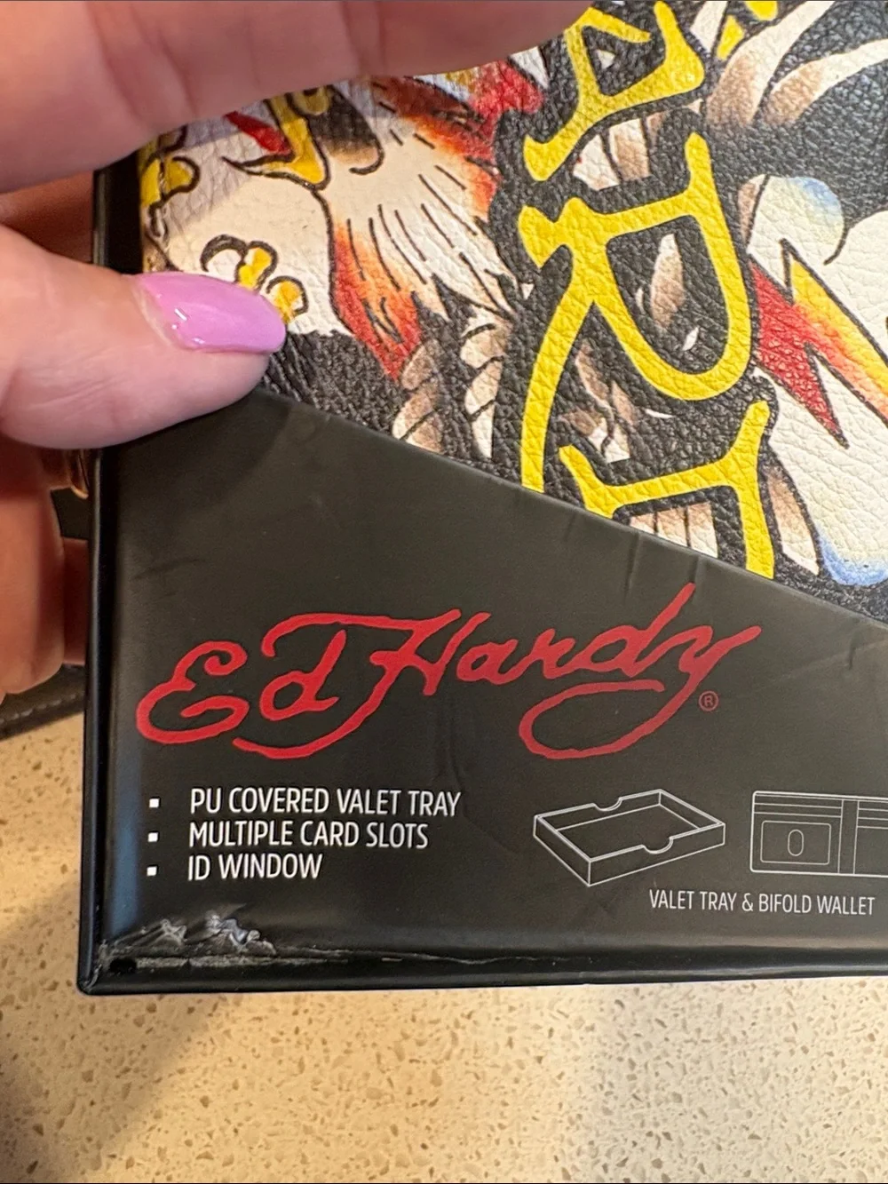 Ed Hardy NWT Men’s PU Leather Bi-Fold Wallet Skull & Flame Graphics